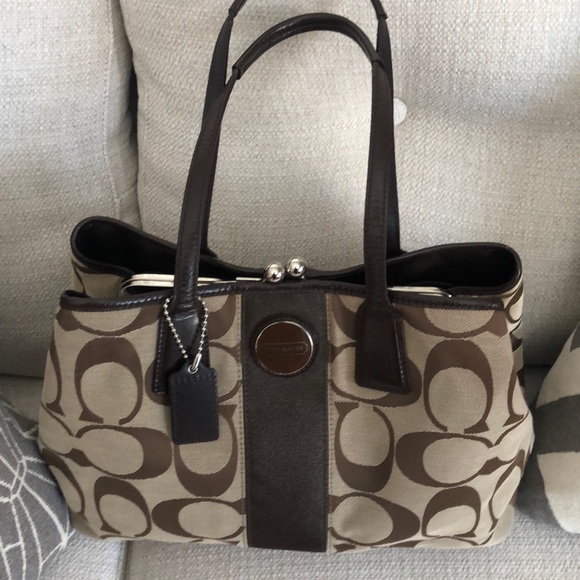 Coach Signature Striped Framed Carryall Satchel - Picture 5 of 13